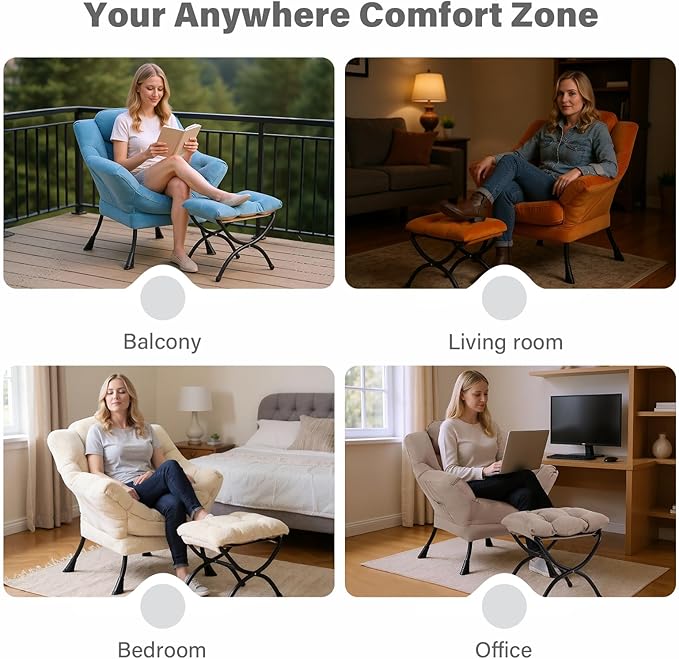 Tiita Modern Large Accent Lounge Lazy Chair, Leisure Sofa Reading Armchair with Ottoman, Footrest for Bedroom, Living Room, Dorm Rooms, Garden