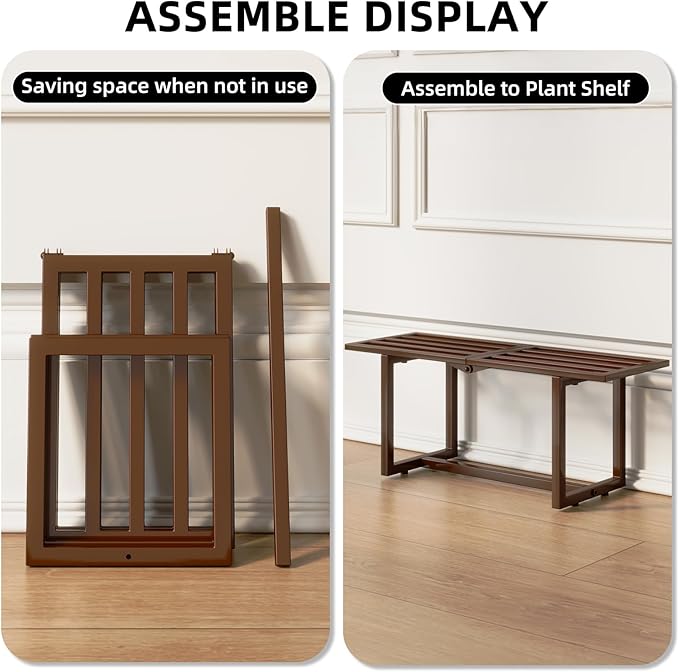2 Pack Metal Plant Stand, Foldable Heavy Duty Indoor, Window Iron Plant Shelf - Mid Century Modern Slatted Bench for Patio, Garden, Living Room Load Bearing 330 lbs, 26" L x 10.4" H x 8.6" W 1 Tier Coffee