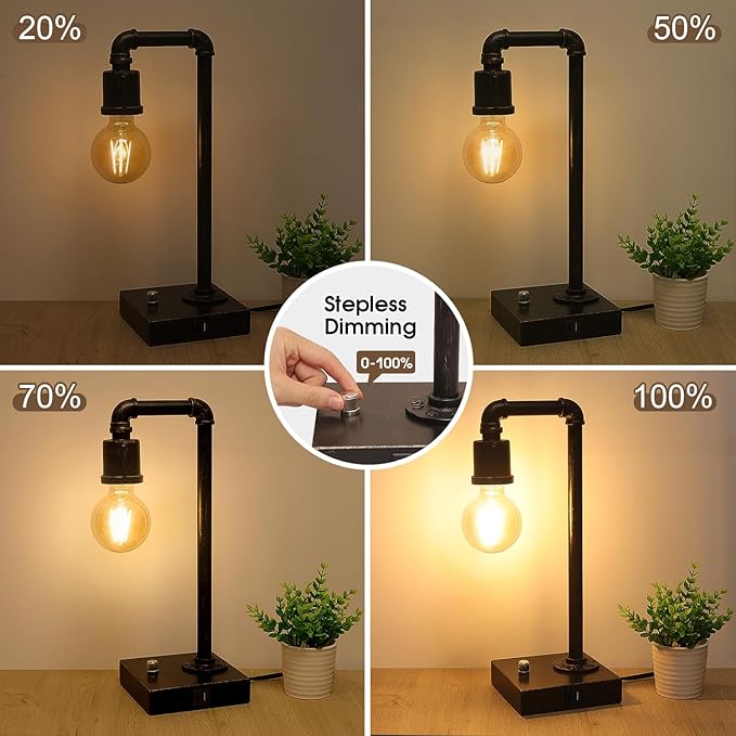 Industrial Table Lamp, Vintage Bedside Lamp with USB C and USB A Charging Ports, Dimmable Steampunk Office Lamp Metal Pipe Edison Reading Lamps for Bedroom, Dorm, Farmhouse Decor 6W LED Bulb Included