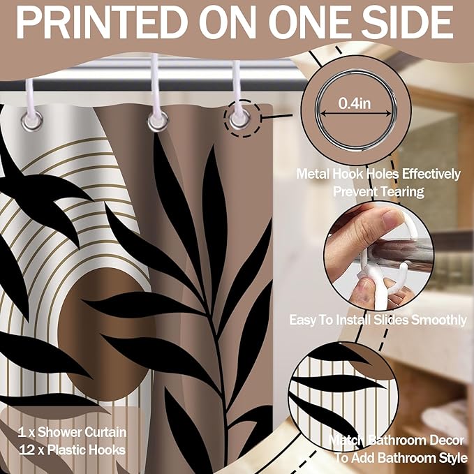 Boho Brown Shower Curtain Mid Century Dark Brown Shower Curtains for Bathroom Decor, Black and Tan Waterproof Cloth Fabric with Hooks, 70" W x 84" L