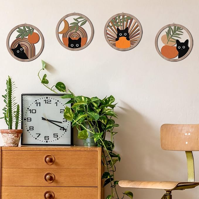 HPNIUB Boho Black Cat Wall Decor, Farmhouse Geometric Hanging Wooden Wall Art, 4 Pieces 10''x10'' Mid Century Bohemian Abstract Moon and Sun Wood Sign for Nursery Bedroom Decoration, Lovely Cat Gifts