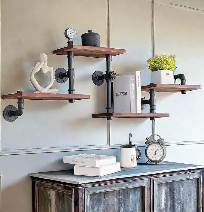 Industrial Rustic Modern Solid Wood Ladder Pipe Wall Mounted Floating Shelves – 4 Tiers Bookshelf,DIY Storage Shelving,Hung Bracket,Bookcases