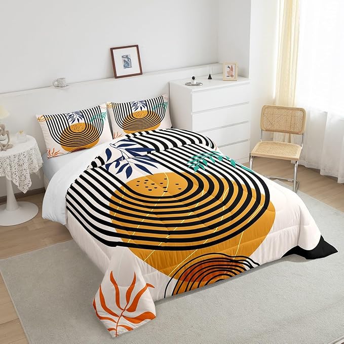 Mid Century Bedding Set King Swirl Line Comforter Set, Vintage Minimalit Duvet Insert Modern Artwork Quilt Sets, Abstract Circle Spiral Bedding Comforters & Sets Lightweight for All Seasons