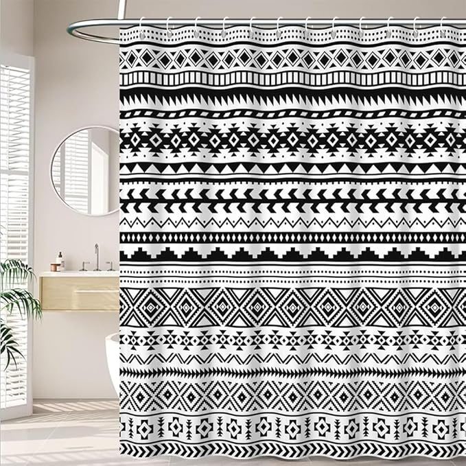 Bohemian Black White Shower Curtain for Bathroom Boho Geometric Shower Curtains Modern Abstract Aesthetic Bathroom Decor Set Washable Waterproof Polyester Fabric with Hooks 60x72 Inch