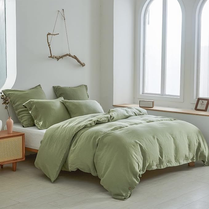 Simple&Opulence 100% Linen Duvet Cover Set 3pcs with Coconut Button Closure Natural French Washed Flax Solid Color Soft Breathable Farmhouse Bedding - Sage Green, King Size