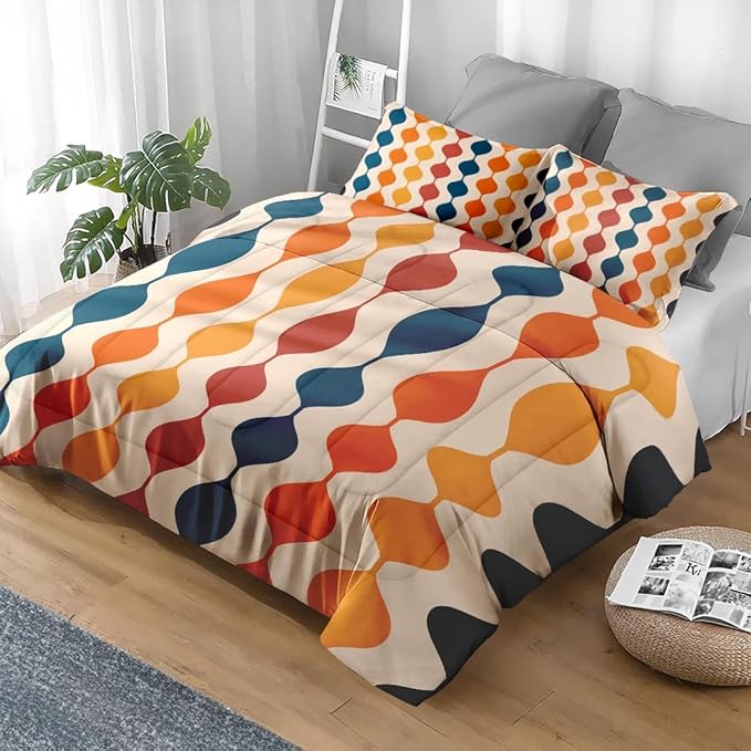Pamnest Comforter Set Full Size, Geometric Hippie Multicolored Soft 3 Pcs Bedding for Kids and Adults, Retro Vintage 70S Comforter Set with Pillowcase, for Bedroom Bed Decor