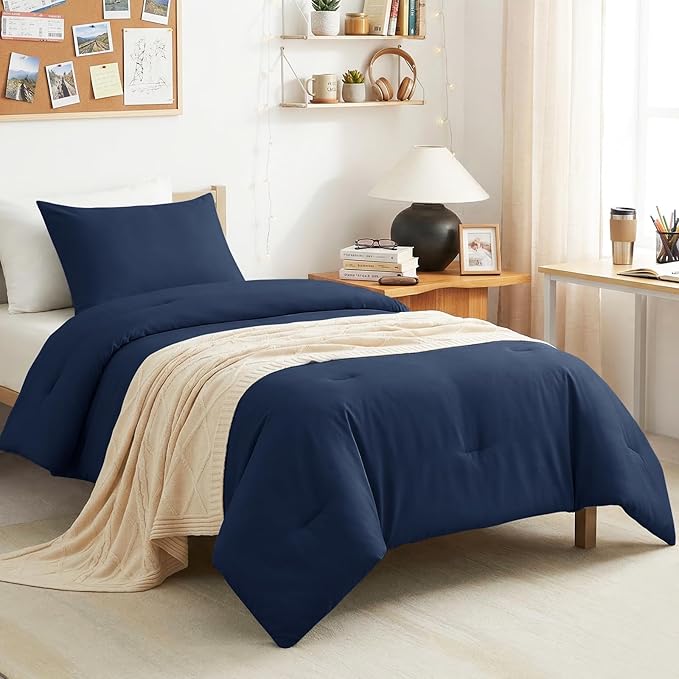 CozyLux Twin Comforter Set College Dorm Essentials, 2 Pieces Navy Blue Twin Extra Long Solid Bedding Sets, Twin XL Bed Set with Down Alternative Comforter and 1 Pillowcase, Back to School Room Gift