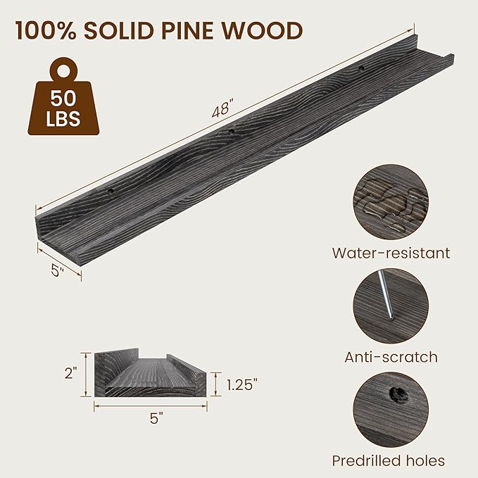 Vivelove Picture Ledge Shelf, Solid Pine Wood Rustic Floating Shelves for Wall, 48 Inch Long Floating Shelves with Lip for Bedroom Kitchen Living Room Nursery Display, Set of 2 (Grey)