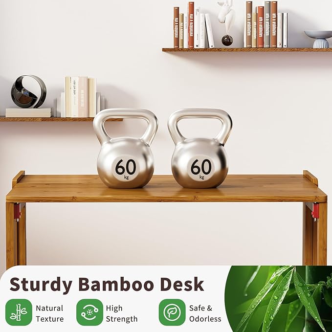 Bamboo Foldable Desk, Folding Desks for Small Spaces, Mid Century Small Computer Desk with Bookshelf for Bedroom Home Office, Brown