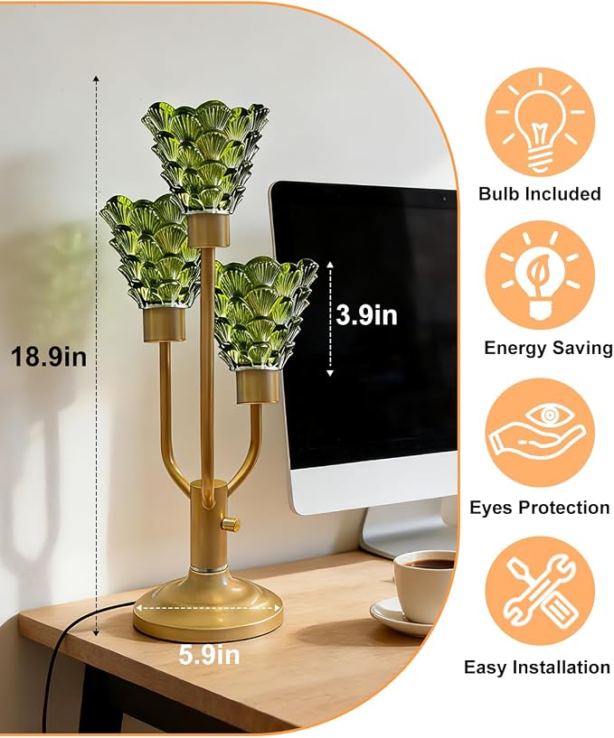 Lightdot Mid Century Modern Table Lamp for Bedroom Dimmable Nightstand Lamp Gold Vintage Desk Lamp Green Glass 3 Bulbs Included Warmwhite Ambient Bedside Lamp for Living Room Home Office Decor Gift
