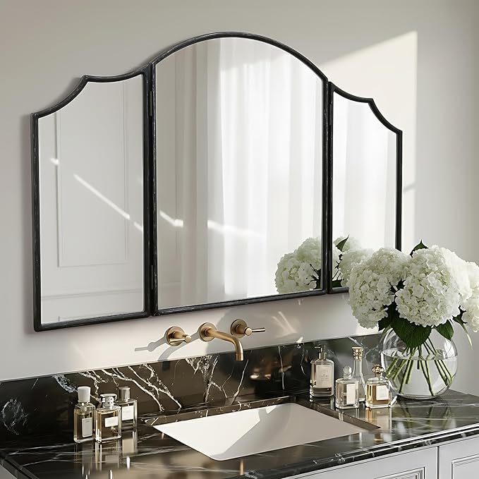 Besdomus Black Scalloped Dresser Mirror: 36"x24" Large Modern 3 Way Trifold Vanity Miror - Minimalist Wood Frame Three Sided for Bedroom/Cloakroom/Dressing Room - Home Decor for Housewife