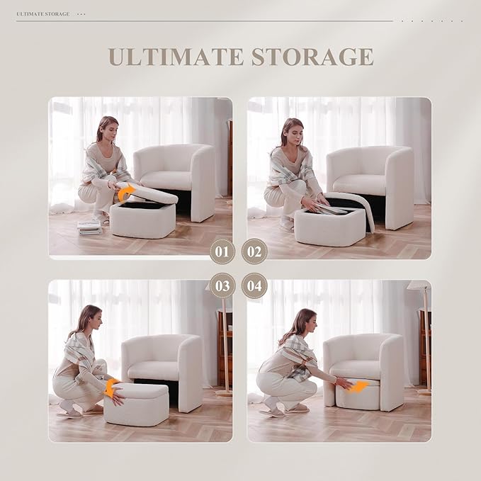COLAMY Morden Velvet Living Room Side Chair with Storage Ottoman Set of 2, Single Sofa Armchair with Lounge Seat, Upholstered Barrel Accent Chair for Bedroom/Office/Reading Spaces, Cream