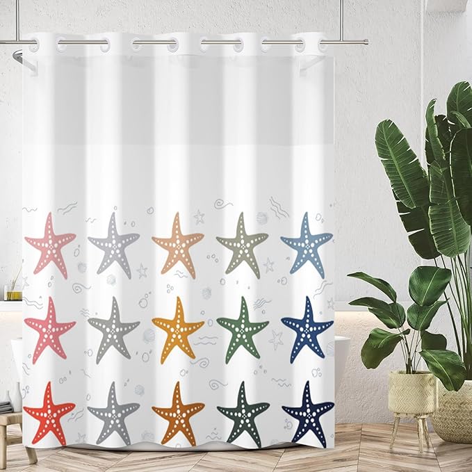 No Hook Shower Curtain with Snap in Liner Set Coastal Starfish Theme Shower Curtain for Bathroom Hotel Style Decor Waterproof and Washable Polyester Fabric Bath Curtains Shower 71Wx74H