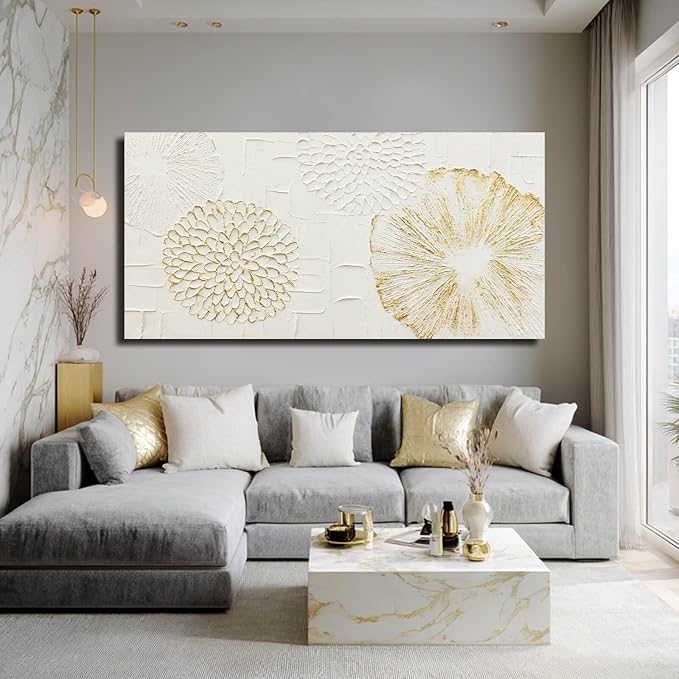 VAYIMDH White Wall Art Floral Paintings Hand Drawn Wall Decor Gold Arts Pictures 29"x58" Artwork for Living Room Dinning Room