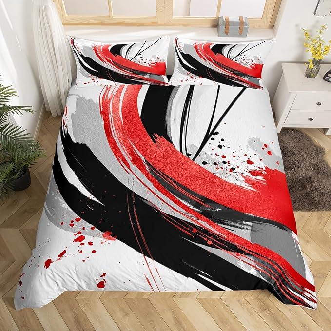 Erosebridal Black and Red Bedding Set King | Modern Geometric Striped Duvet Cover for Boys Girls Contemporary Watercolor Graffiti Bed Set Boho Minimalist Aesthetic Art Bed Cover 3 Pieces