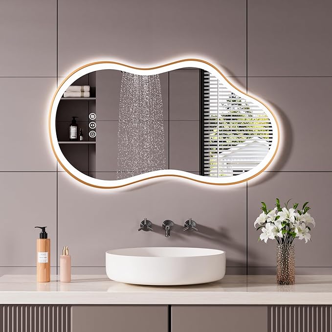 WTTY LED Irregular Bathroom Mirror 20x36 Inch with Front & Back Lights - Asymmetrical Design, Anti-Fog, Dimmable 3 Color Temperatures, Shatterproof Glass, Horizontal or Vertical Mount (Gold Frame)