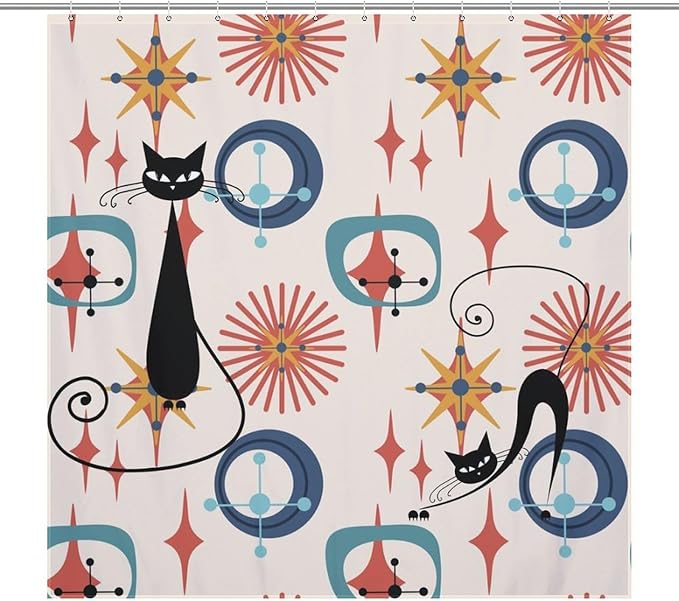Mid Century Black Cat Shower Curtain,Modern Atomic Retro Abstract Geometric 60s 70s Iconic Decor Fabric Bathroom Curtain with Hook 72x72in（183x183cm）