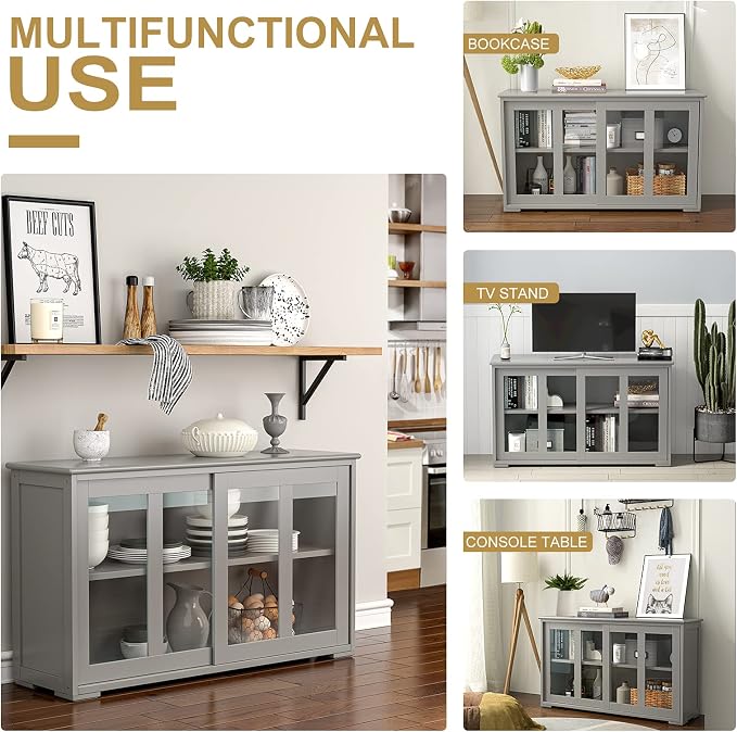 Byroce Sideboard Buffet Cabinet, Stackable Storage Coffee Bar Cabinet with Adjustable Shelf & Glass Sliding Doors, Wood Cupboard Credenza Console Table for Kitchen Dining Living Room (1, Grey)
