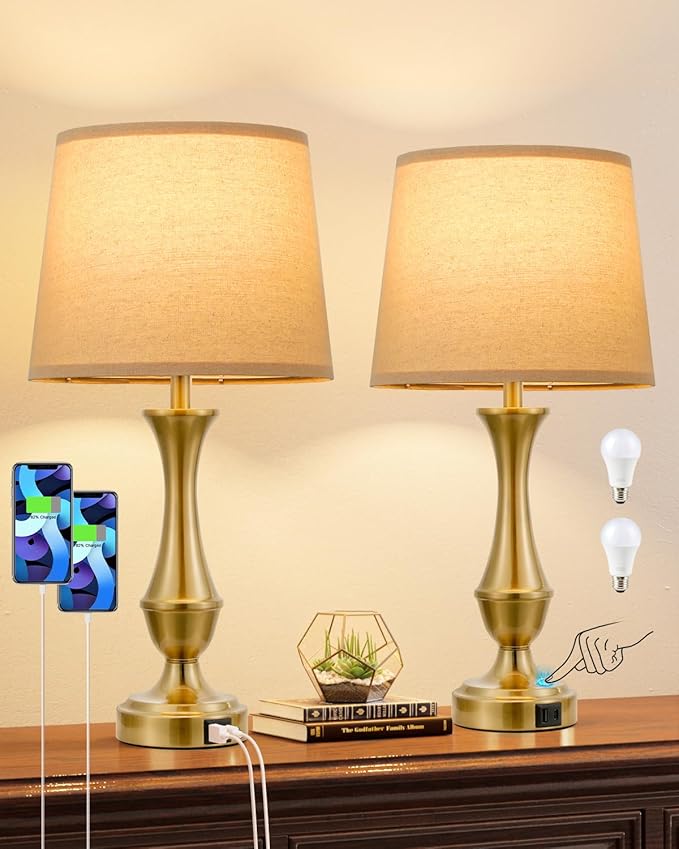Seealle Upgraded Touch Lamps for Night Stands Set of 2 - Bedside Lamps with USB C+A, 3 Way Dimmable for Bedroom Living Room End Tables Office (Gold)