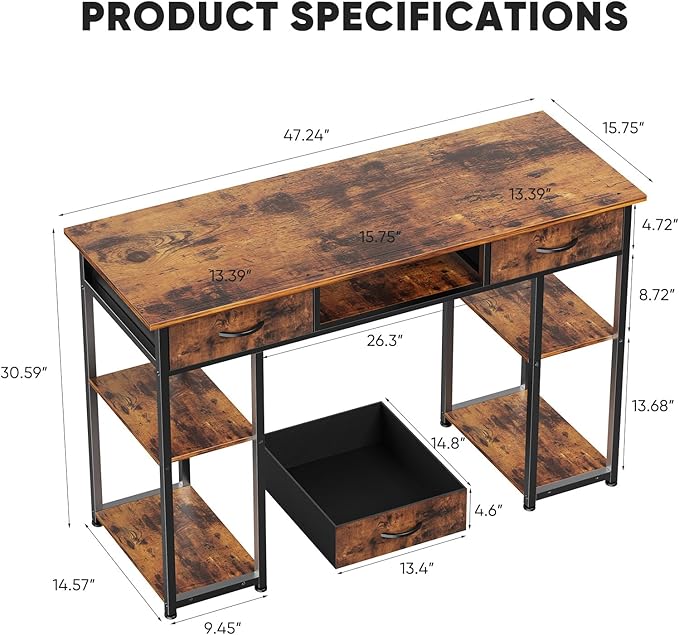 DUMOS 48" Small Computer Home Office Desk for Bedroom with Drawers, Gaming Writing Study Table with Storage Shelf, Adjustable Feet, Metal Frame Natural Brown