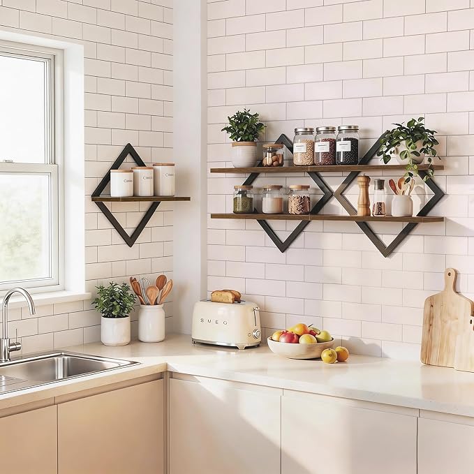 Geometric Floating Shelves Set of 3, Decorative Rustic Wall Shelves for Living Room, Bedroom & Bathroom, Wood & Metal Farmhouse Wall Mounted Display Shelves for Plants, Picture Frames & Small Decor