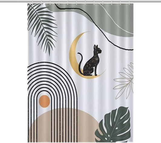 Boho Black Cat Shower Curtain Abstract Mid Century Modern Moon Green Leaf Geometric Mystic Waterproof Shower Curtains for Bathroom Decor 12 Pack Hooks 55x72in（140x183cm）