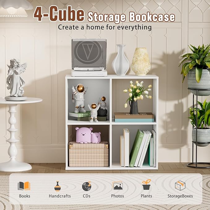 4 Cube Storage Organizer, Book Shelf Storage Shelves Bookcase with Open Back, Display Standing Shelf Freestanding Book Case for Bedroom, Living Room and Home Office (White, 4-Cube)