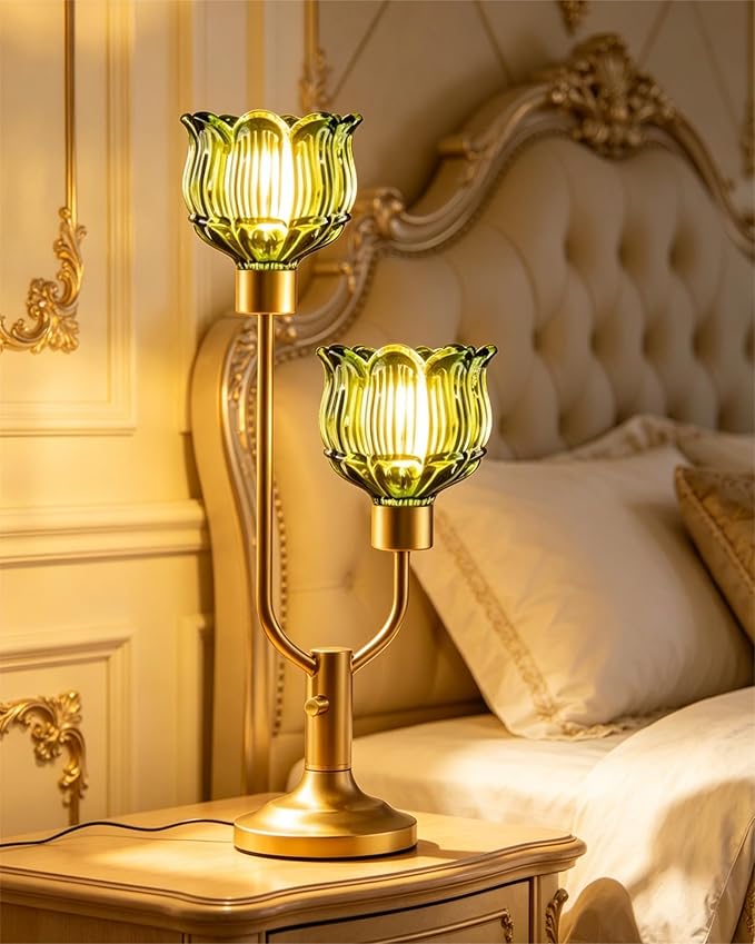 Lightdot Vintage Green Glass Table Lamp for Bedroom Dimmable Mid Century Modern Desk Lamp Gold Flower Nightstand Lamp 2 Bulbs Included Warmwhite Ambient Bedside Lamps for Living Room Home Office Decor