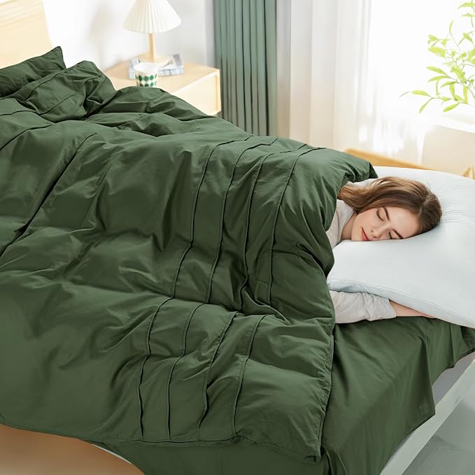 NEXHOME PRO 100% Organic Cotton Duvet Cover Full,Linen Like Pleated Textured Olive Green Duvet Cover Set,3pc Bedding Set with Zipper Closure, Soft,Lightweight and Breathable (80"x90", No Comforter)