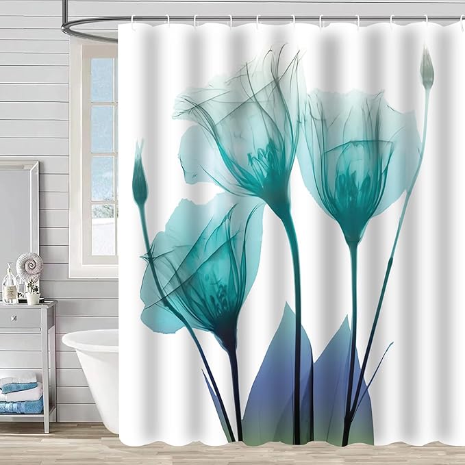 Teal Floral Shower Curtain Turquoise Tulip Flower Shower Curtains for Bathroom Waterproof Polyester Fabric Bath Curtain 72 x 72 Inch with 12 Hooks