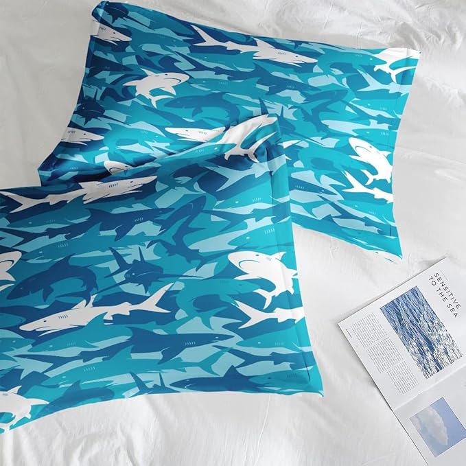 Blue Shark Twin Comforter Set, Ocean Surf Camouflage Bedding Set 2 Piece, All Season Soft Toddlers Children Adults Bedroom Bed Decoration Comforter and 1 Pillow Shams