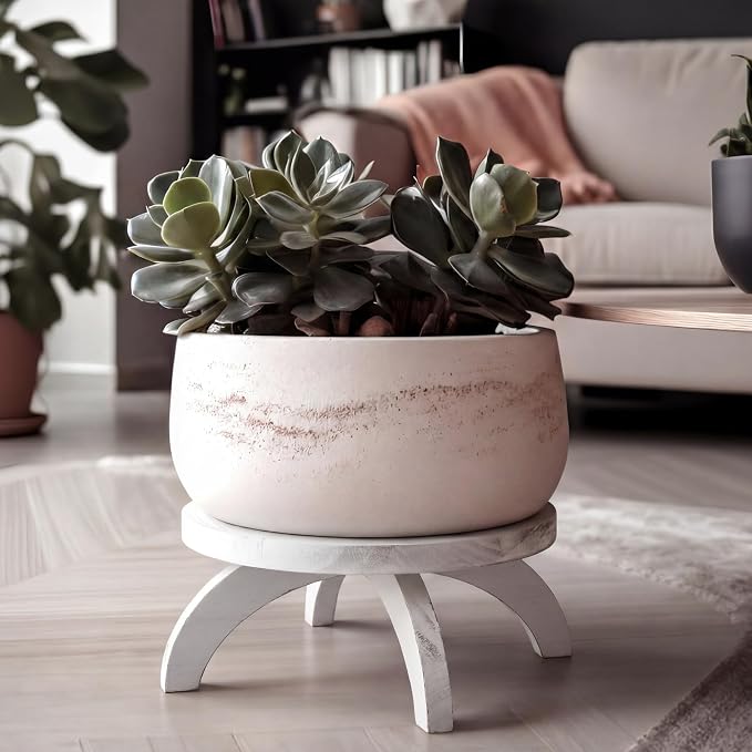 Novabright 2 Pcs Short Plant Pedestal Wood Plant Stool Round Low Wood Riser Pedestal Display Decor Flower Indoor Outdoor Rustic Farmhouse Table Balcony Decor Board Flower Holder Rise (White)