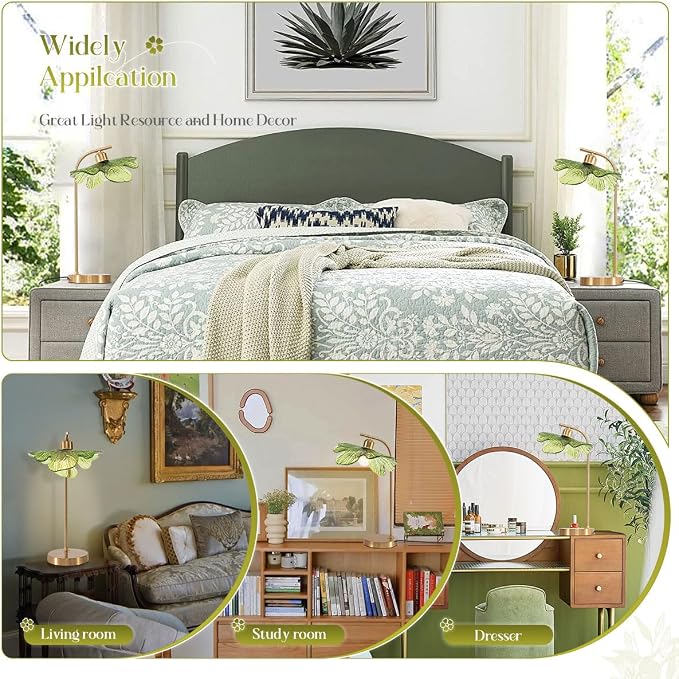 Mid Century Modern Table Lamps Set of 2, 18.9" Tall Gold Metal Base with Green Flower Glass Shade, Touch Control Nightstand Lamps for Bedroom Living Room Office