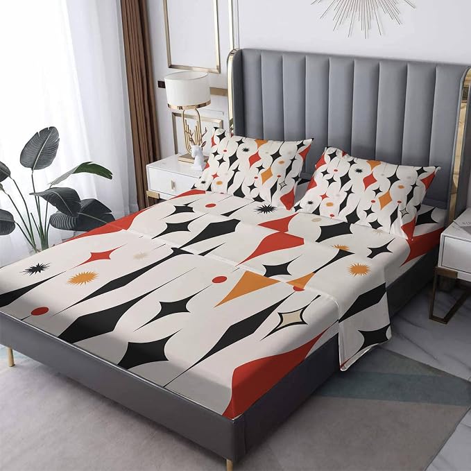 Mid-Century Modern Bed Sheets Queen Size, Starburst Abstract Sheet Set, Soft Microfiber Deep Pocket Wrinkle Free Fitted Sheet & Flat Sheet & Pillowcase Sets, Retro Geometric Bedding Sheets - 4 Piece