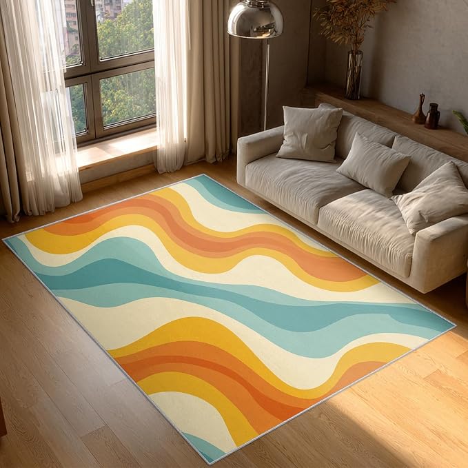 Retro Wavy Rugs for Entryway, 2x3 ft, Abstract Waves Area Rugs for Bedroom Kitchen Entrance, Soft Non Slip Washable 70s Groovy Indoor Door Mat Home Decorations Dt-Ghf-69