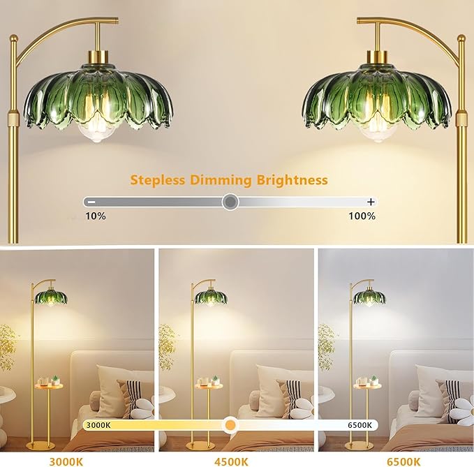 QIYIZM Gold Floor Lamp with Table and Shelves for Living Room Bedroom,Glass Standing Lamp with Remote Dimmable,Boho Brass Tall Lamp Vintage Farmhouse Arc Flower Floor Light Bohemian
