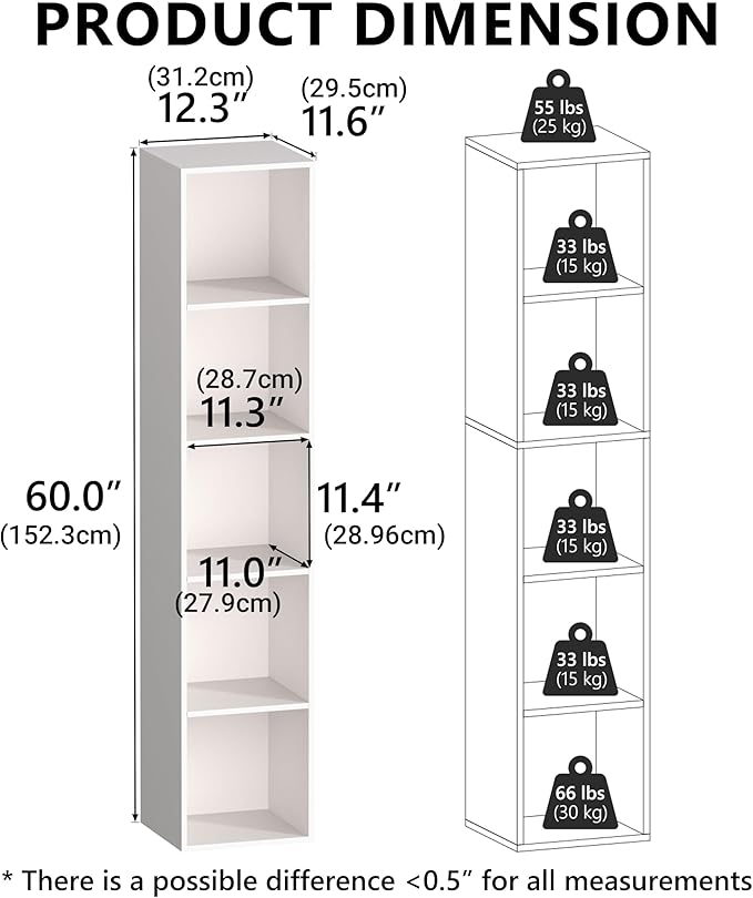 Cube Bookshelf, 5 Cube Storage Organizer, Freestanding 5 Tier Open Display Shelf with Eco-Friendly Melamine Surface for Home Office, Bedroom, Living Room, Study, White