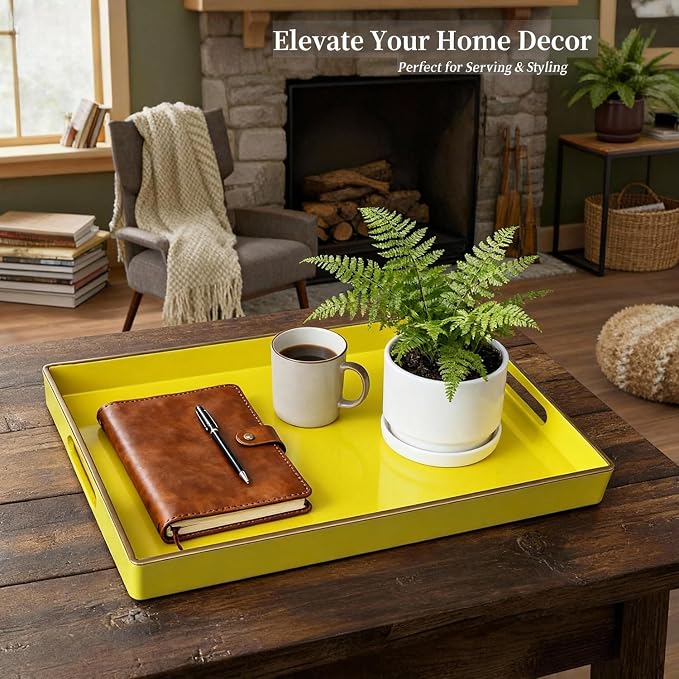 Decorative Plastic Serving Tray with Handles, Modern Vanity Organizer for Bathroom, Kitchen, Ottoman and Coffee Table (Yellow, Rectangular)