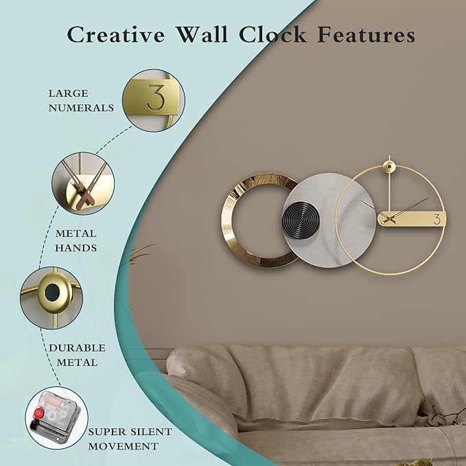 Mid Century Modern Large Silent Wall Clock Non Ticking for Living Room, 47"X25" Giant Decorative Round Black Clock for Wall, Big Unique Metal Fancy Clock Wall Decor for Bedroom Entryway
