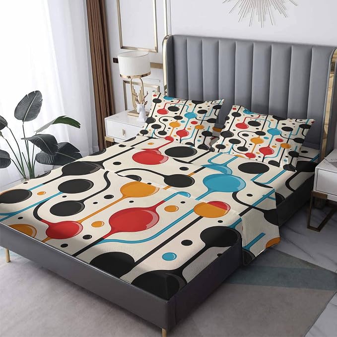 Mid Century Modern Abstract Bed Sheets Twin XL Size, Geometric Dots and Lines Sheet Set, Soft Deep Pocket Wrinkle Free Fitted Sheet & Flat Sheet & Pillowcase Sets, Bold Bedding Sheets - 3 Piece