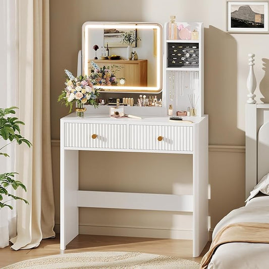 Fluted Vanity Desk with Mirror and Lights, Small Makeup Vanity with 2 Drawers and Jewelry Storage Cabinet, 3 Lighting Modes Adjustable Brightness, Dressing Table for Bedroom - White