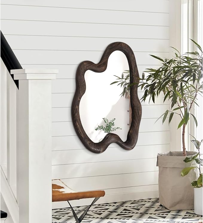 AAZZKANG Large Rustic Wall Mirror with Wooden Frame Vintage Irregular Wall Mirror 28"x20"Asymmetrical Hanging Mirror for Bathroom Bedroom Living Room Entryway