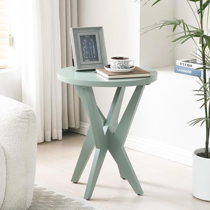 Modern Round End Table with Crossed Legs, Unique Small Green Side Table, Outdoor Accent Table, Easy Assembly Bedside Table for Living Room, Balcony, Small Spaces