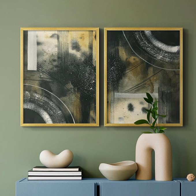 Renditions Gallery Set of 2 Peel & Stick Framed Prints, Moody Abstract Wall Art, Circular and Splattered Effects Wall Decor, Re-Stickable - Ready to Hang - 22"x28" - GOLD Frame LT588