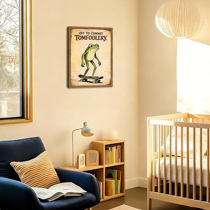 Funny Frog Skateboard Wall Art Cute off to Commit Tomfoolery Signs Wall Decor Painting, Funky Frog Animal Poster Canvas Print Picture for Living Room Bedroom 16x24 inch Wood Framed