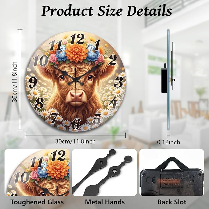 peacoblue Wall Clocks Battery Operated 12 Inch Highland Cattle with Flowers Glass Round Wall Clock Non Ticking for Kitchen Living Room Dining Room Bedroom and Bathroom Decor (Battery not Included)
