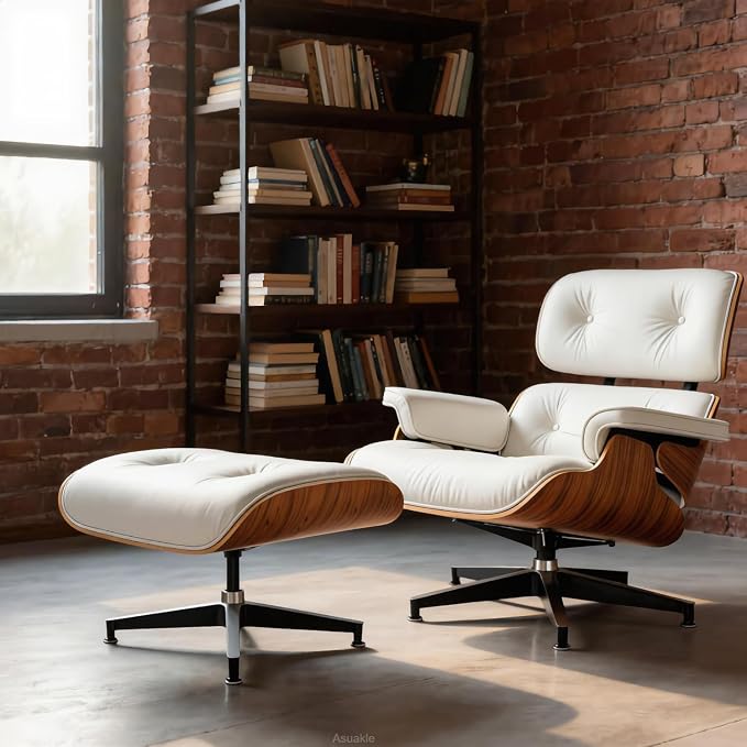 Top Grain Leather, Mid Century Chaise Lounge Chair and Ottoman, Modern Chair Classic Design, Heavy Duty Base Support for Living Room Study Lounge Office, Walnut-White, Heightening