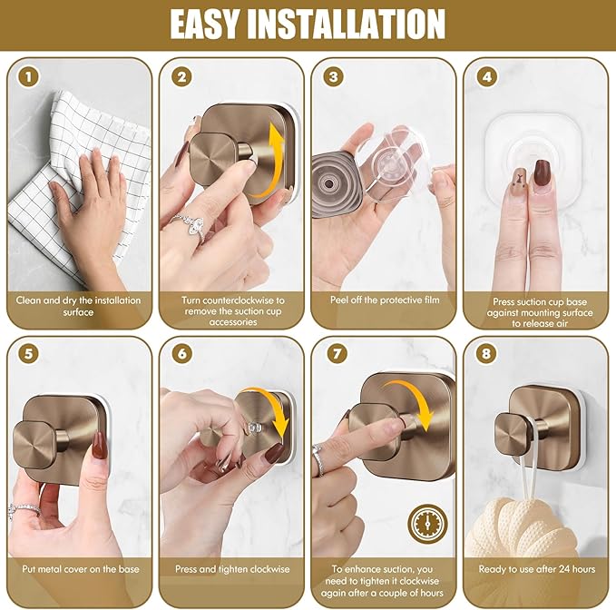 Suction Cup Hooks for Shower,Heavy Duty Shower Hooks for Bathroom Wall,Glass Windows,Smooth Doors to Hang Towels,Robes,Reusable Suction Cup Wreath Hanger for Christmas Wreaths-Champagne Bronze(4 Pack)