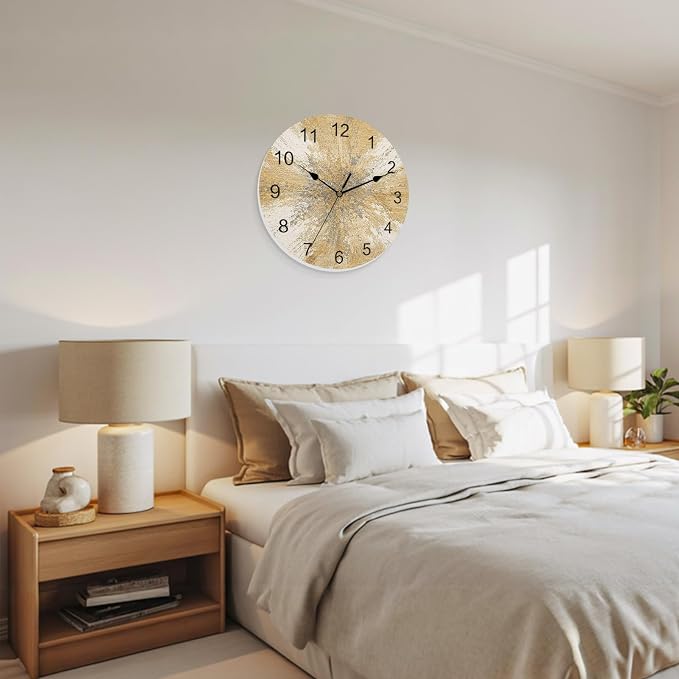 Yellow Round Wall Clocks 10 Inch Abstract Yellow Sunburst Vignette Splatter Style Industrial Silent Non-Ticking Battery Operated PVC Clock for Wall Home Decor Kitchen Living Room Bedroom Office