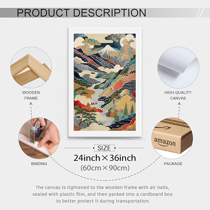 Japanese Mount Fuji Poster Colorful Nature Landscape Mountain Wall Art 24X36 inch Framed Modern Trendy Abstract Aesthetic Canvas Prints Wall Decor for Home Bedroom